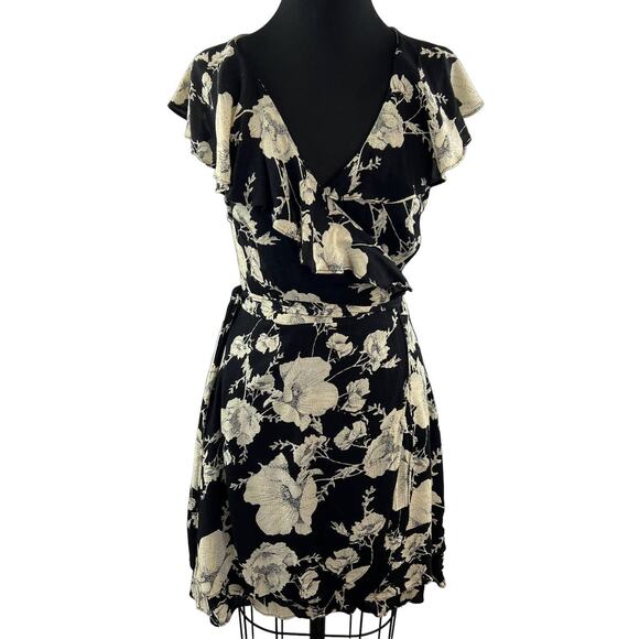FREE PEOPLE French Quarter Printed Mini Wrap Dress Black Floral Tie Ruffle S - Picture 1 of 9